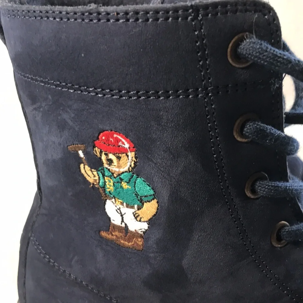 Polo Ralph Lauren Navy Blue Leon Lace-Up Ankle Boots with Embroidered Polo Bear